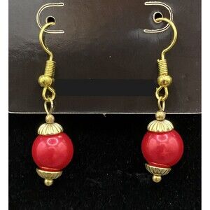 Handmade Ornament Red Faux Pearl Bead Gold Tone Earrings by Neanie-Bot